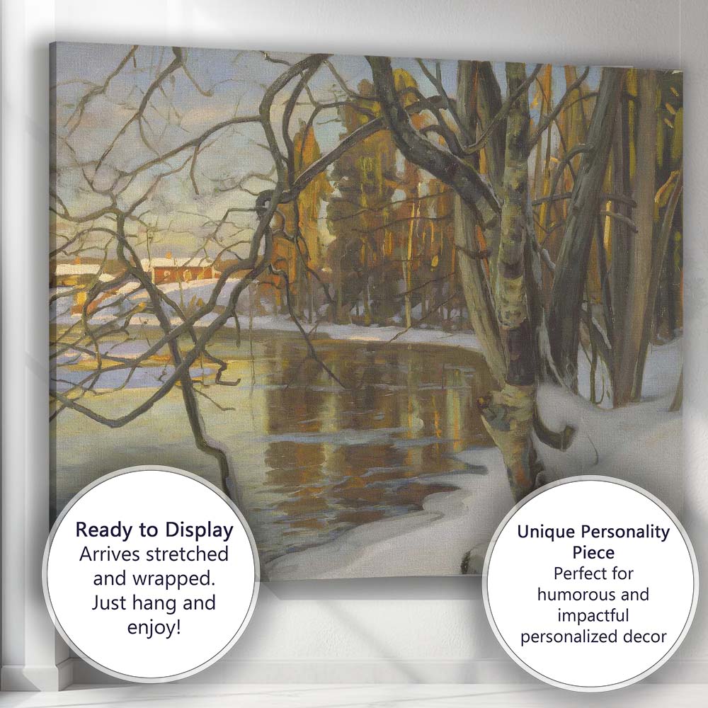 Reflective Winter Woodland River Landscape Painting Canvas Wall Art Print Decor Picture Ready to Hang