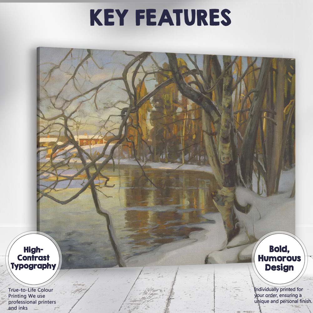 Reflective Winter Woodland River Landscape Painting Canvas Wall Art Print Decor Picture Ready to Hang