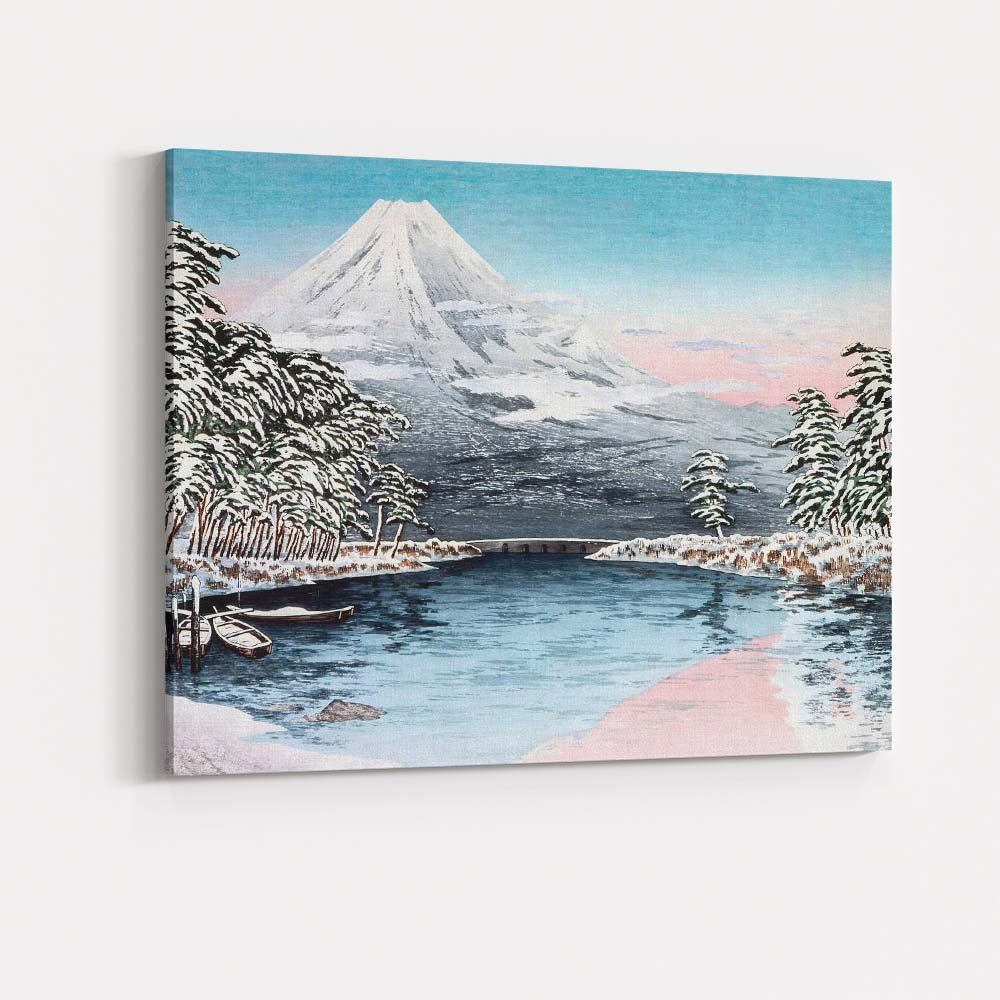 Japanese Mount Fuji Snowy Lake Winter Woodblock Style Canvas Wall Art Print Decor Picture Ready to Hang