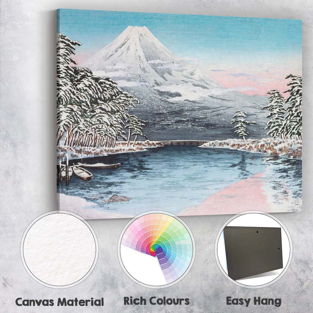 Japanese Mount Fuji Snowy Lake Winter Woodblock Style Canvas Wall Art Print Decor Picture Ready to Hang