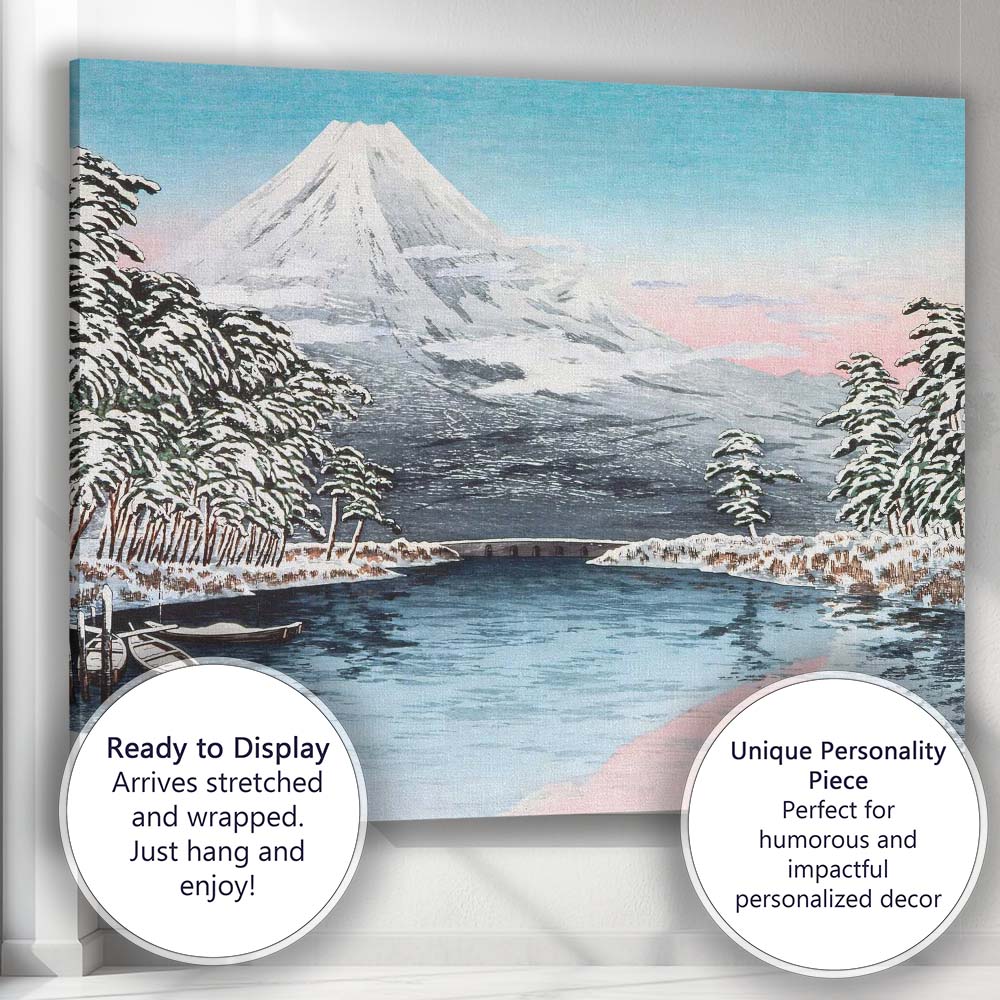 Japanese Mount Fuji Snowy Lake Winter Woodblock Style Canvas Wall Art Print Decor Picture Ready to Hang