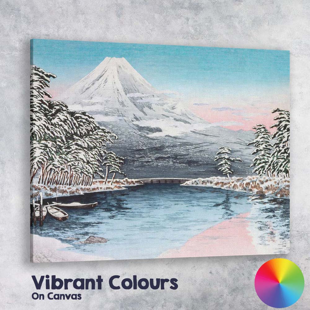 Japanese Mount Fuji Snowy Lake Winter Woodblock Style Canvas Wall Art Print Decor Picture Ready to Hang