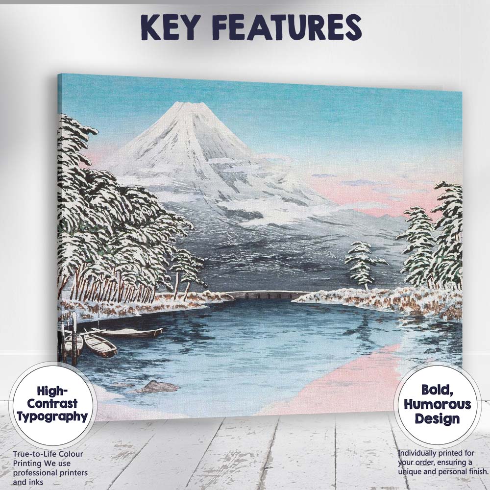 Japanese Mount Fuji Snowy Lake Winter Woodblock Style Canvas Wall Art Print Decor Picture Ready to Hang