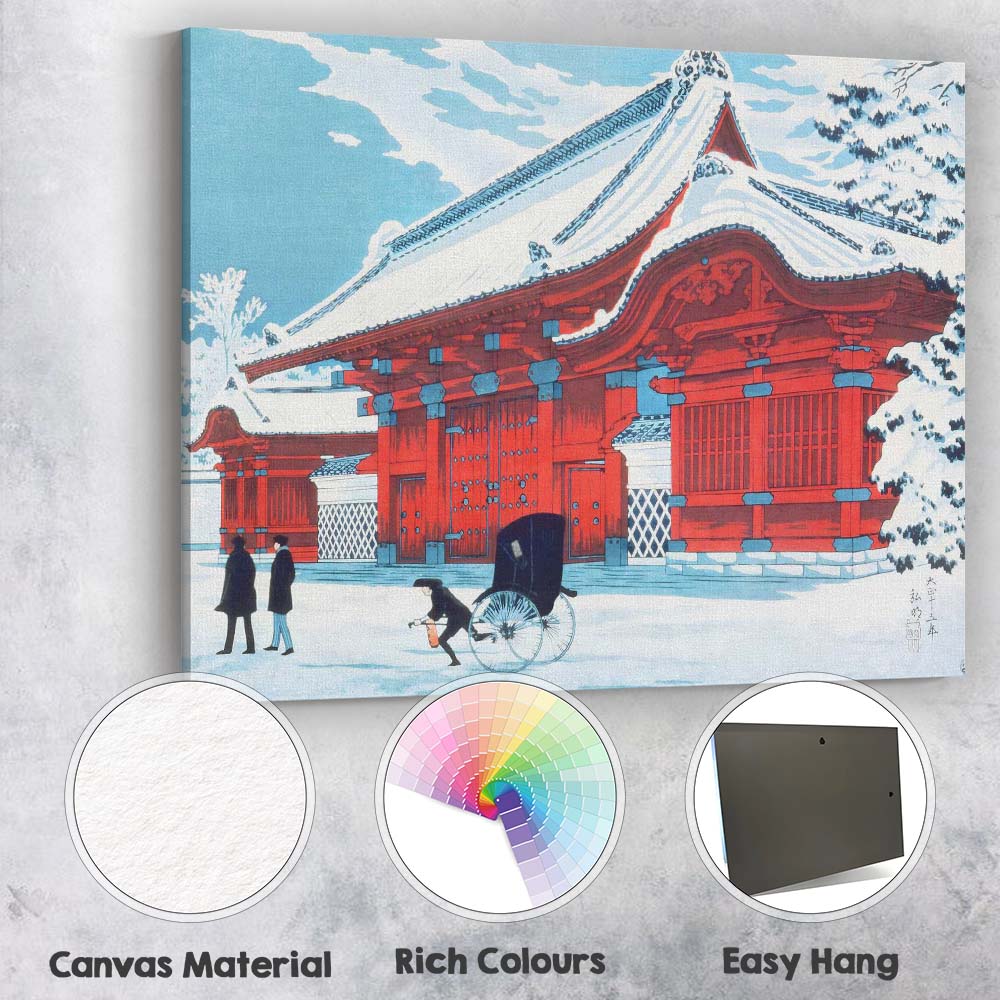 Japanese Temple Architecture In Snow Traditional Woodblock Style Canvas Wall Art Print Decor Picture Ready to Hang