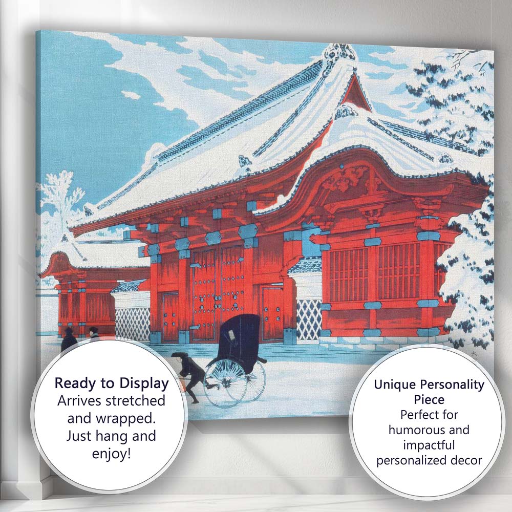 Japanese Temple Architecture In Snow Traditional Woodblock Style Canvas Wall Art Print Decor Picture Ready to Hang