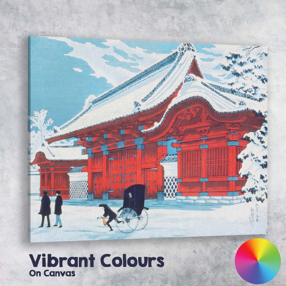 Japanese Temple Architecture In Snow Traditional Woodblock Style Canvas Wall Art Print Decor Picture Ready to Hang