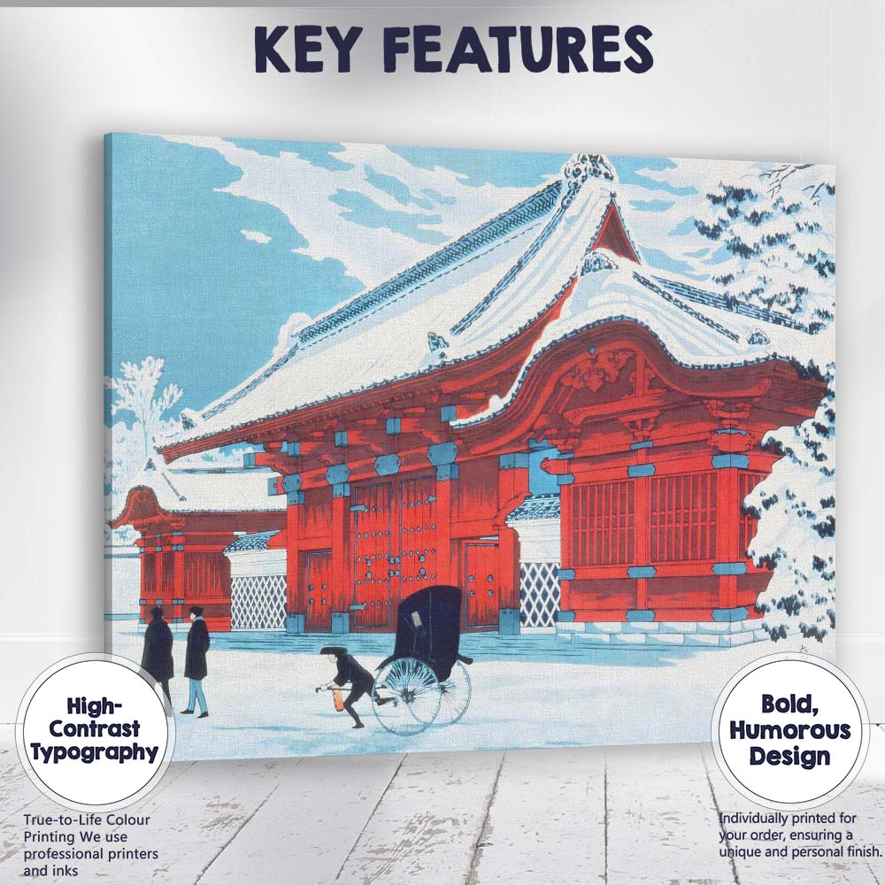 Japanese Temple Architecture In Snow Traditional Woodblock Style Canvas Wall Art Print Decor Picture Ready to Hang