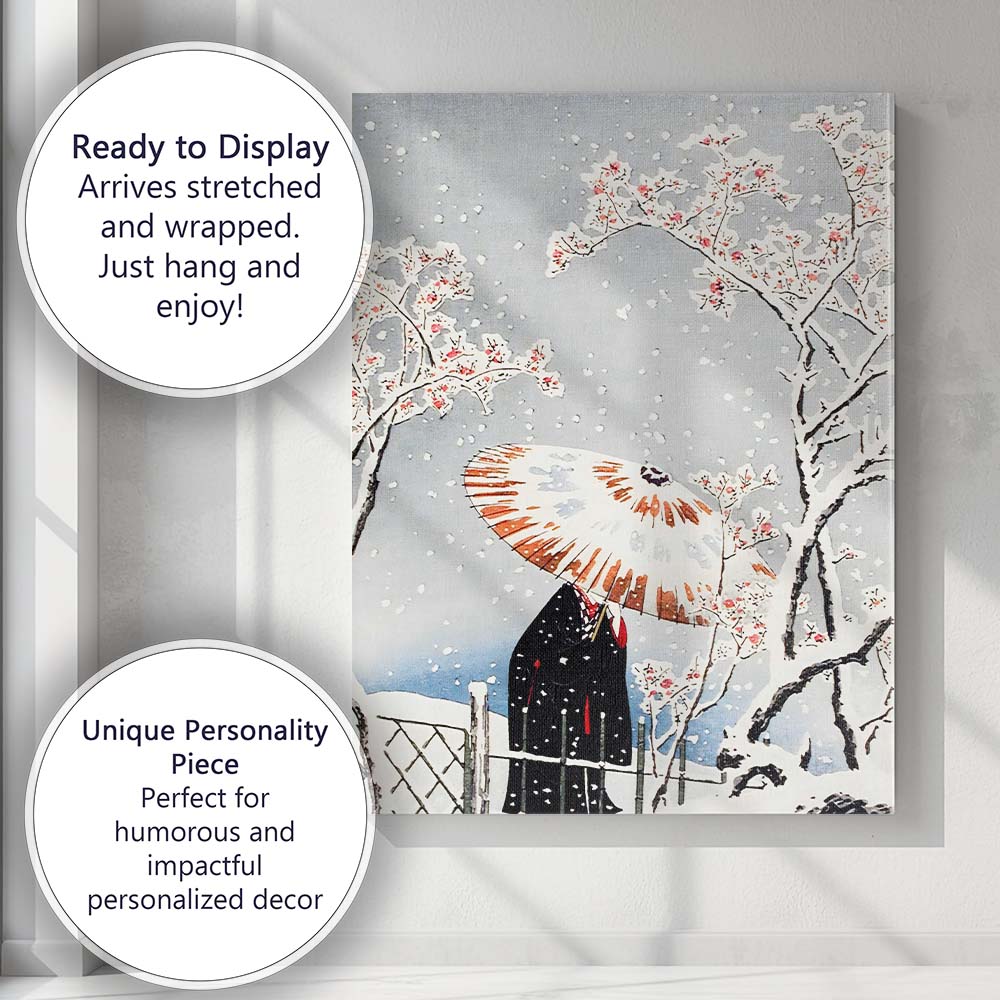 Japanese Snowfall Umbrella Blossom Woodblock Art Canvas Wall Art Print Decor Picture Ready to Hang
