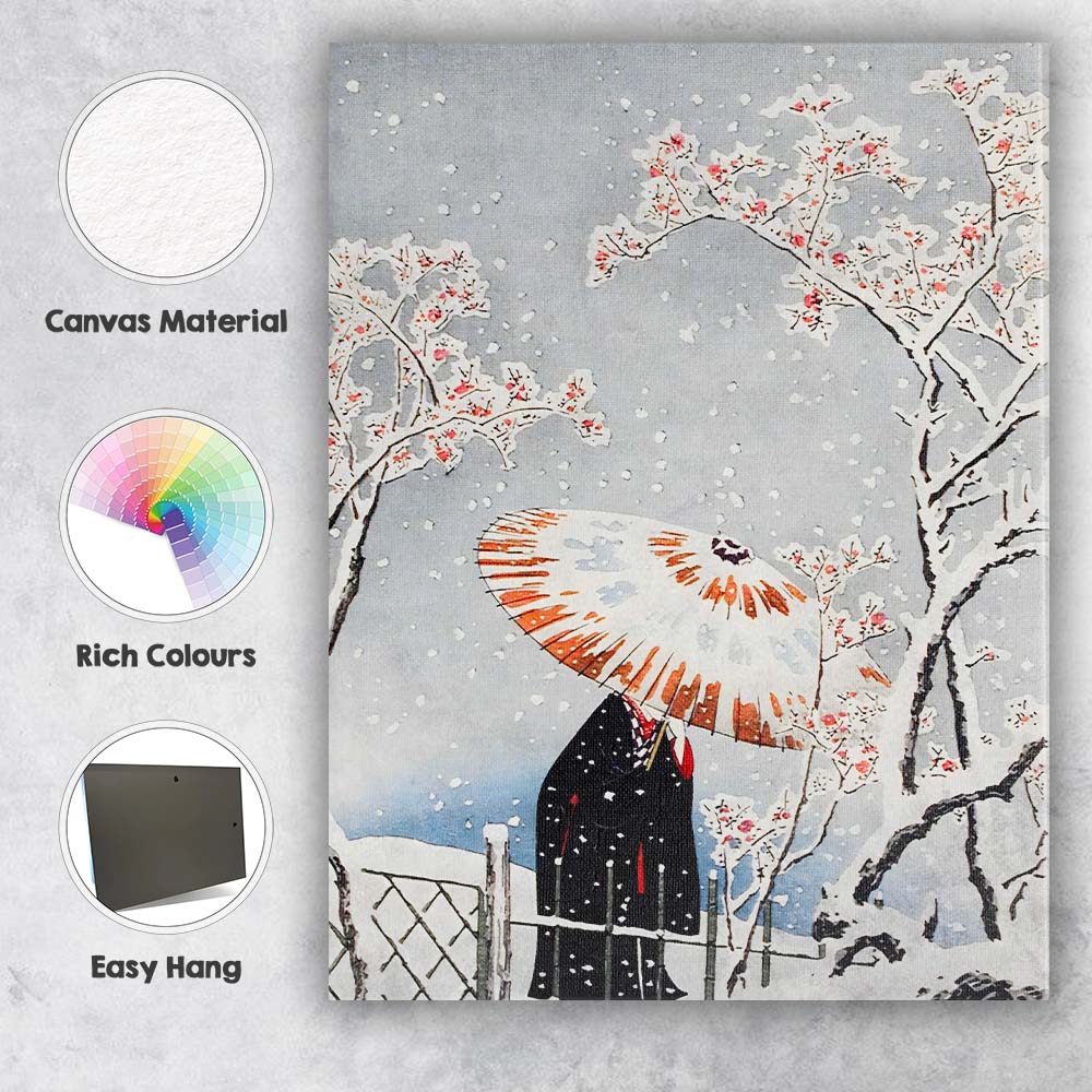 Japanese Snowfall Umbrella Blossom Woodblock Art Canvas Wall Art Print Decor Picture Ready to Hang