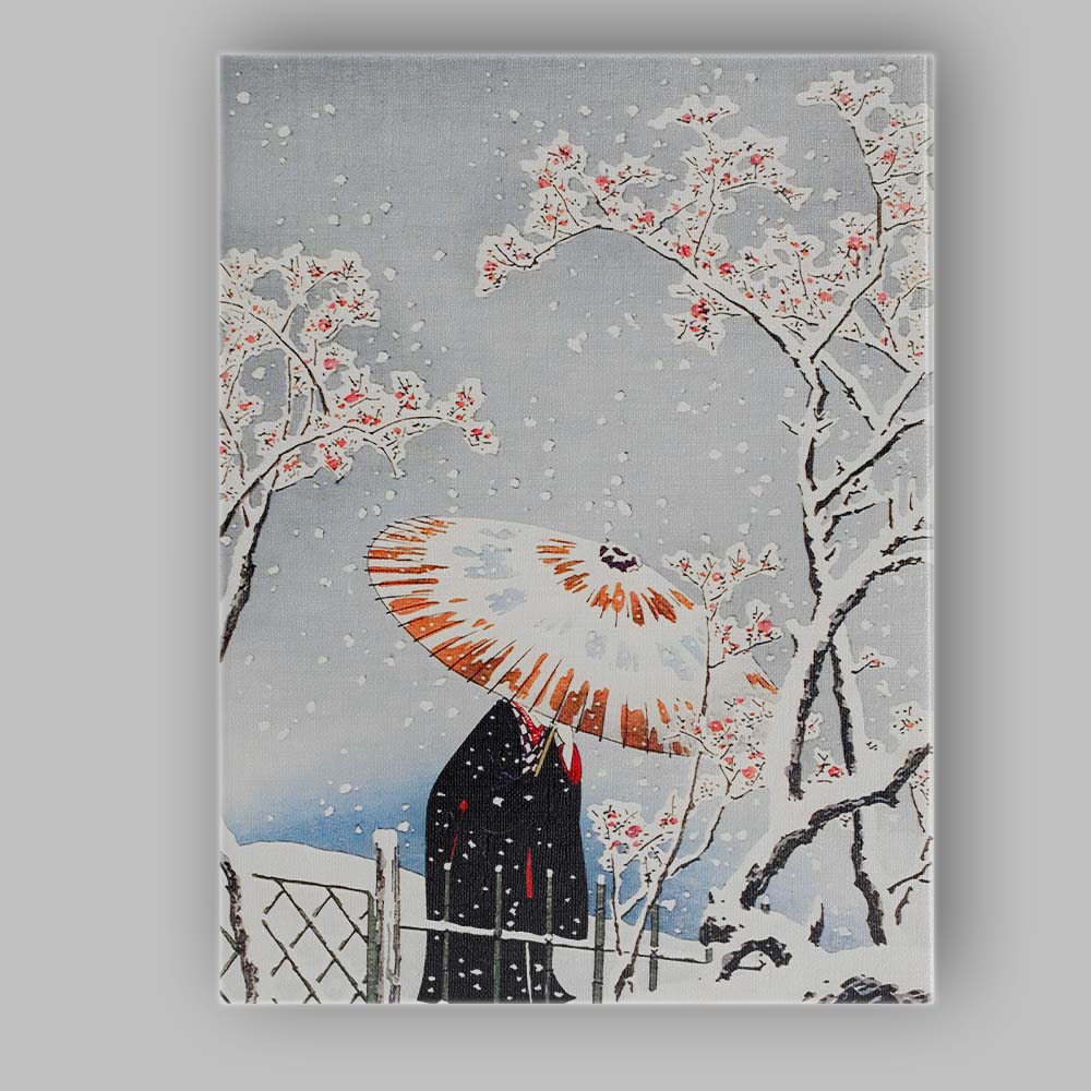 Japanese Snowfall Umbrella Blossom Woodblock Art Canvas Wall Art Print Decor Picture Ready to Hang