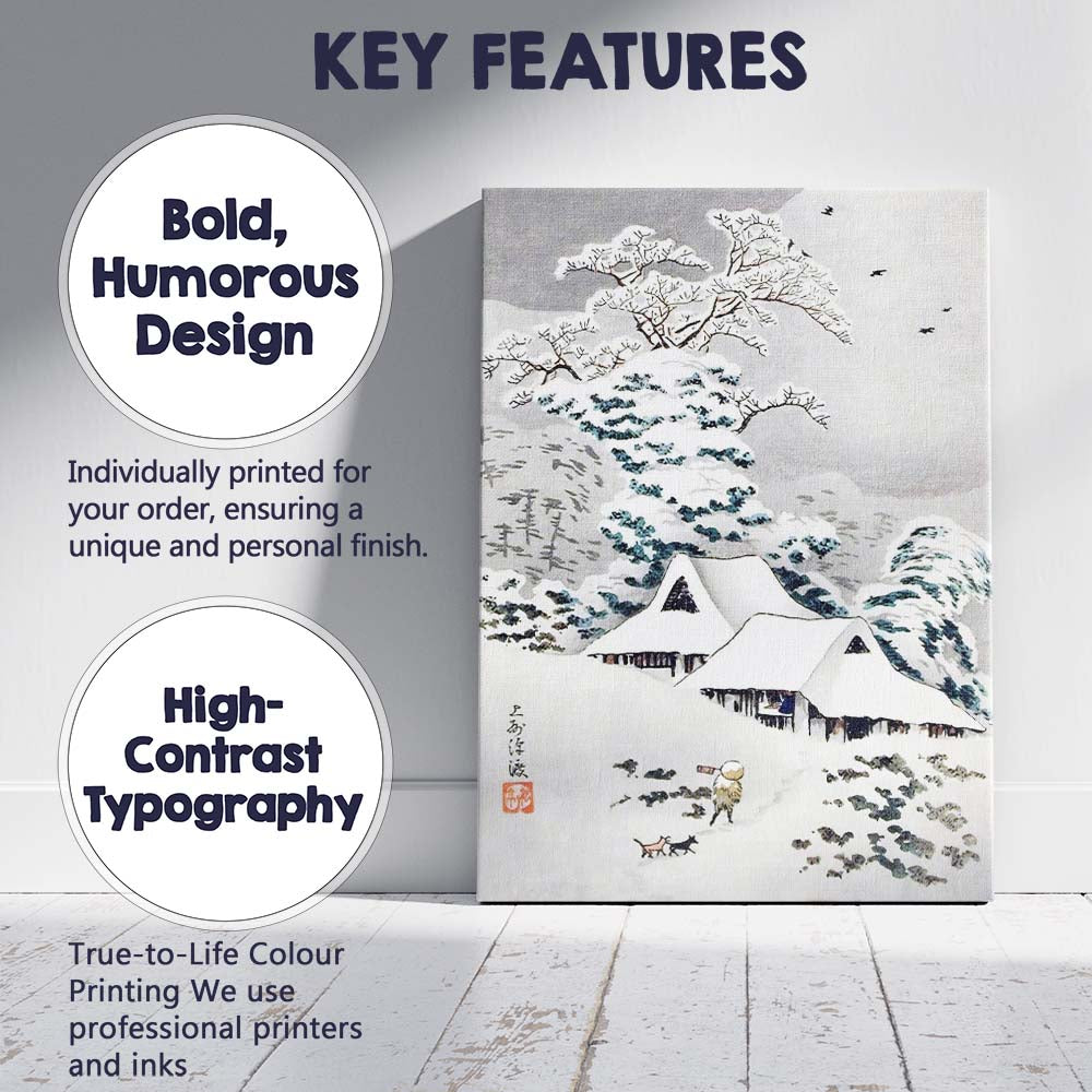 Traditional Japanese Snow Covered Village Winter Landscape Watercolour Canvas Wall Art Print Decor Picture Ready to Hang