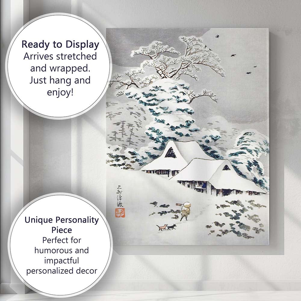 Traditional Japanese Snow Covered Village Winter Landscape Watercolour Canvas Wall Art Print Decor Picture Ready to Hang