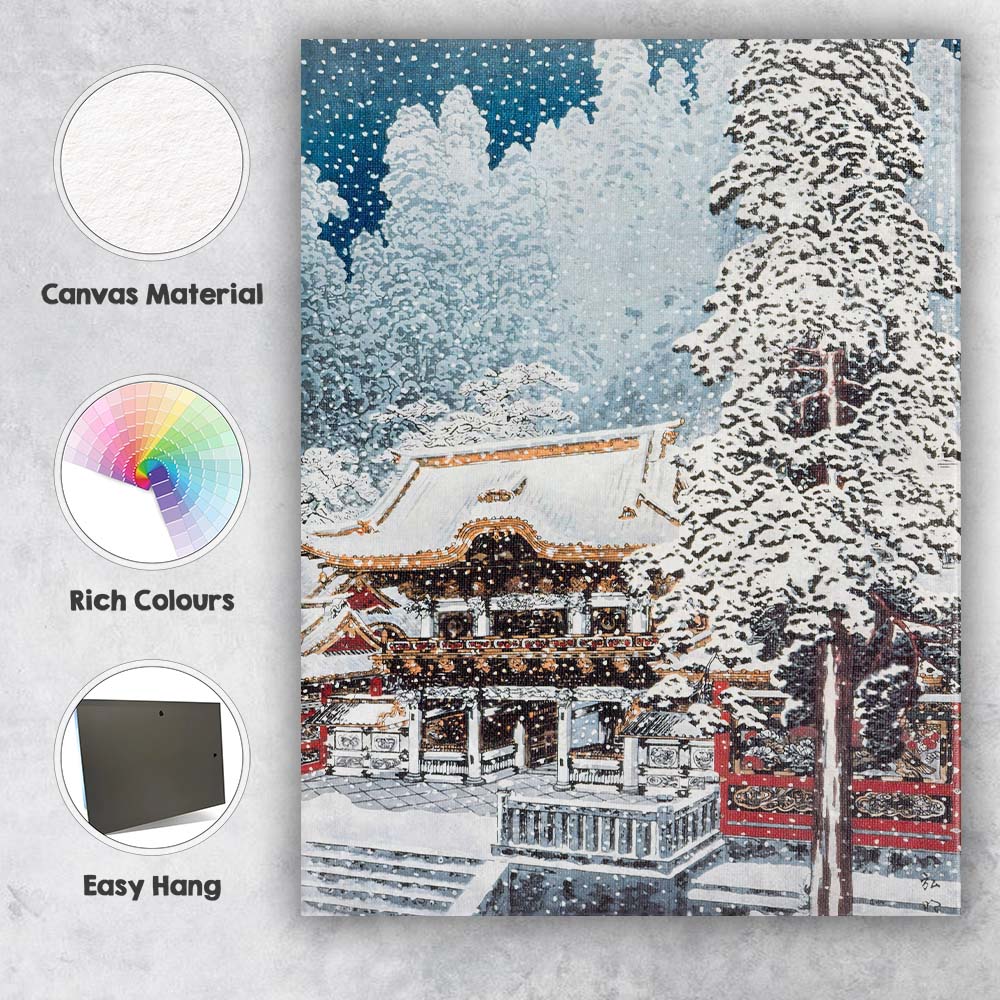 Snow Covered Japanese Shrine During Winter Snowfall Canvas Wall Art Print Decor Picture Ready to Hang