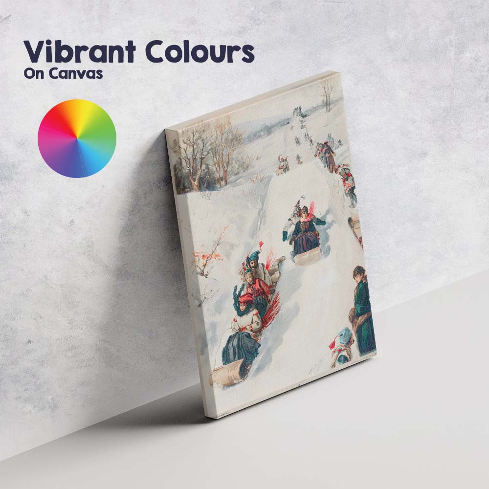 Victorian Winter Tobogganing Snow Sledding Scene Watercolour Illustration Canvas Wall Art Print Decor Picture Ready to Hang