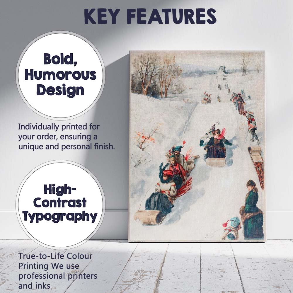 Victorian Winter Tobogganing Snow Sledding Scene Watercolour Illustration Canvas Wall Art Print Decor Picture Ready to Hang