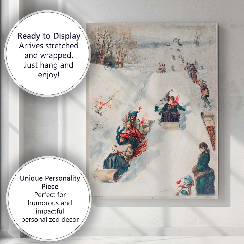 Victorian Winter Tobogganing Snow Sledding Scene Watercolour Illustration Canvas Wall Art Print Decor Picture Ready to Hang