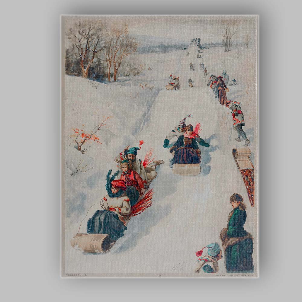 Victorian Winter Tobogganing Snow Sledding Scene Watercolour Illustration Canvas Wall Art Print Decor Picture Ready to Hang