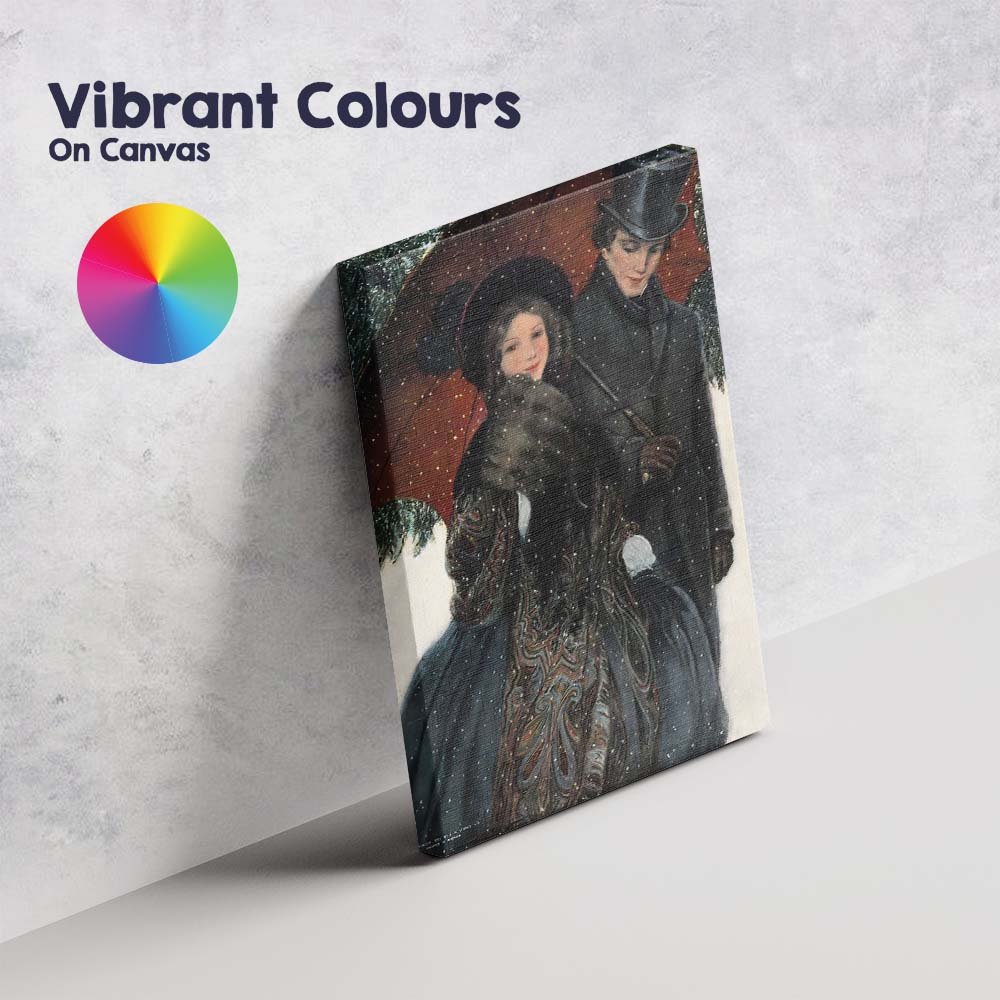 Victorian Couple Under Red Umbrella Snowfall Romantic Winter Canvas Wall Art Print Decor Picture Ready to Hang