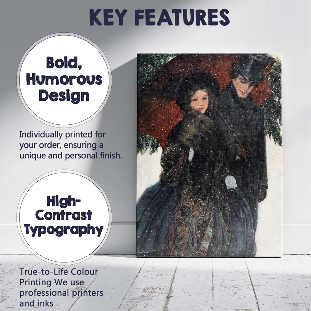 Victorian Couple Under Red Umbrella Snowfall Romantic Winter Canvas Wall Art Print Decor Picture Ready to Hang