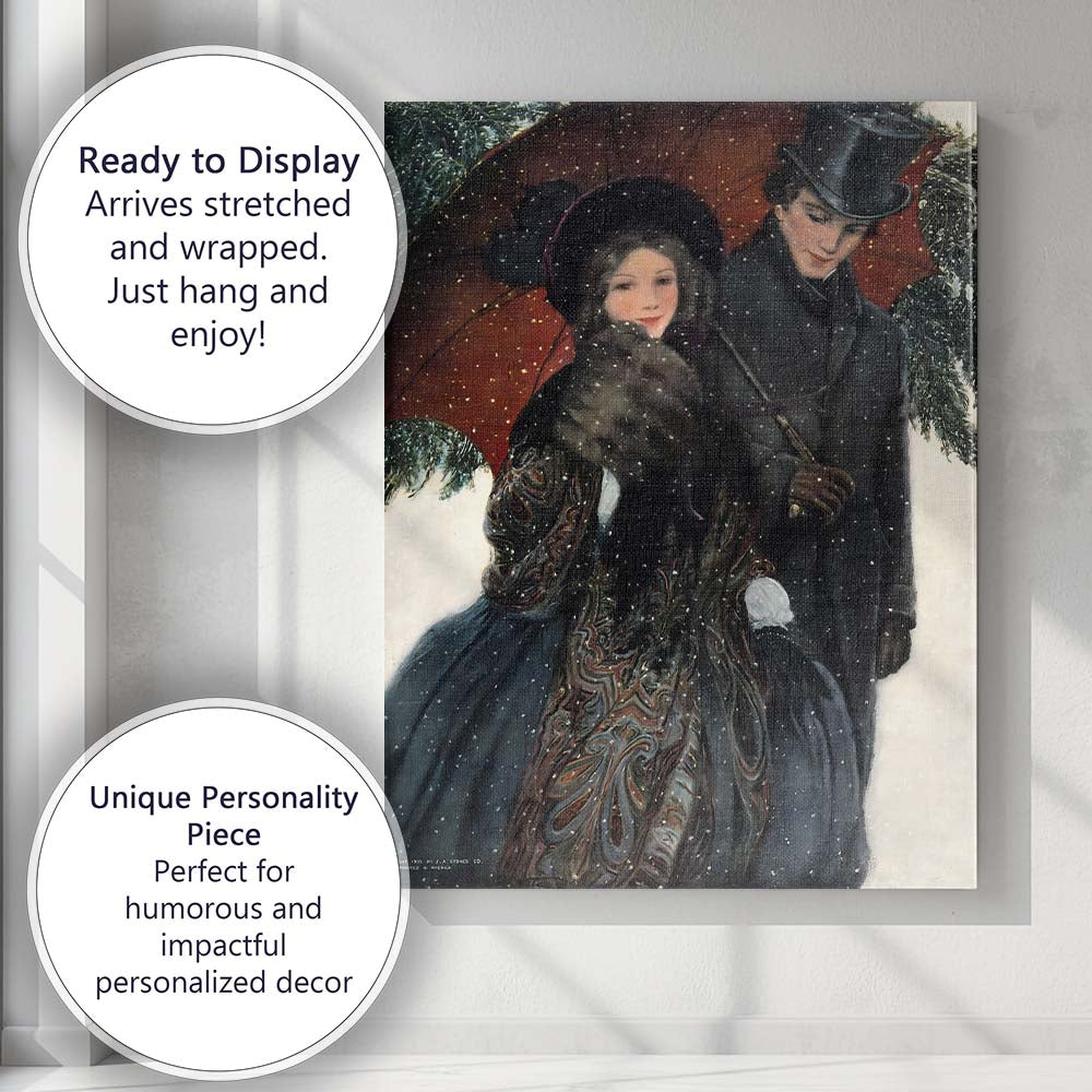 Victorian Couple Under Red Umbrella Snowfall Romantic Winter Canvas Wall Art Print Decor Picture Ready to Hang