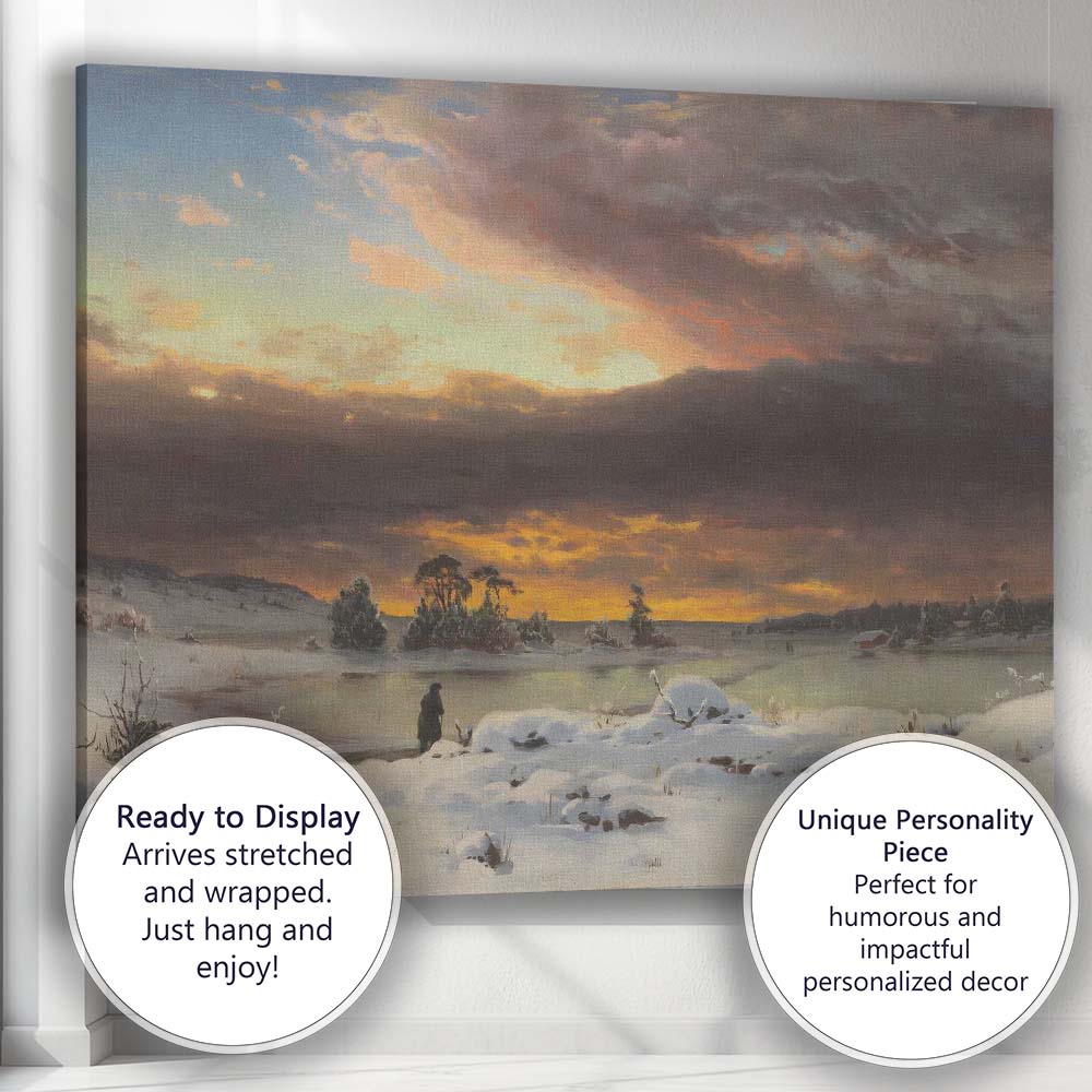 Atmospheric Winter Sunset Snow Covered Lake Landscape Oil Painting Canvas Wall Art Print Decor Picture Ready to Hang
