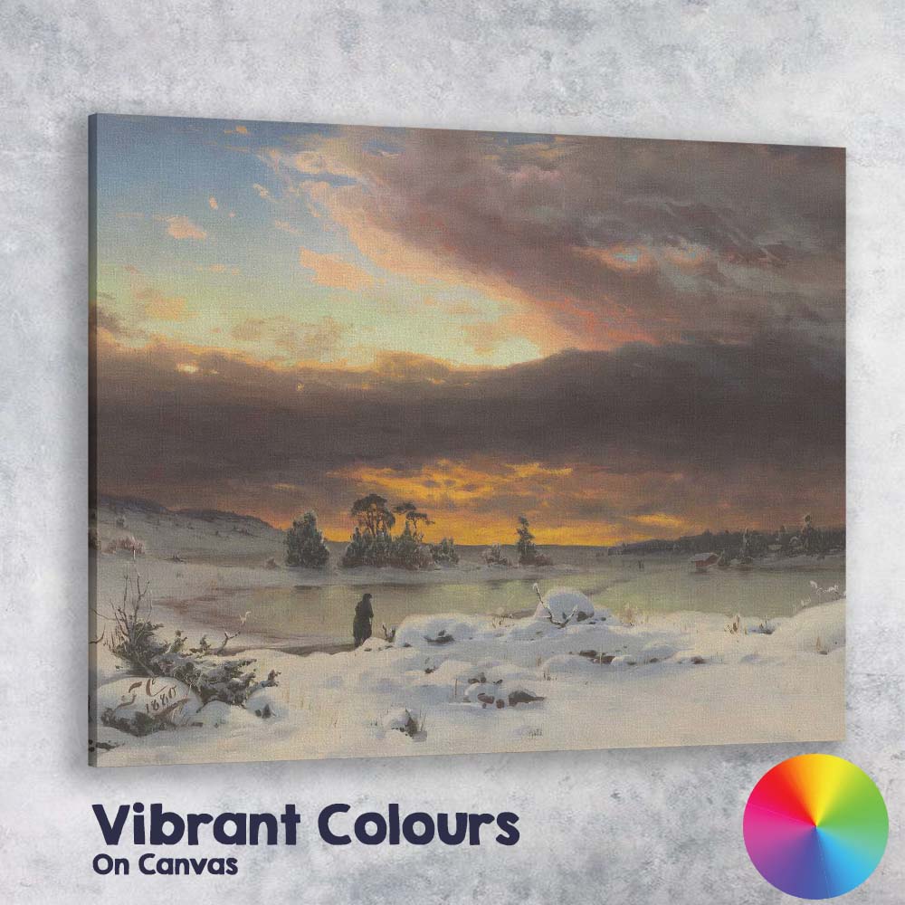 Atmospheric Winter Sunset Snow Covered Lake Landscape Oil Painting Canvas Wall Art Print Decor Picture Ready to Hang
