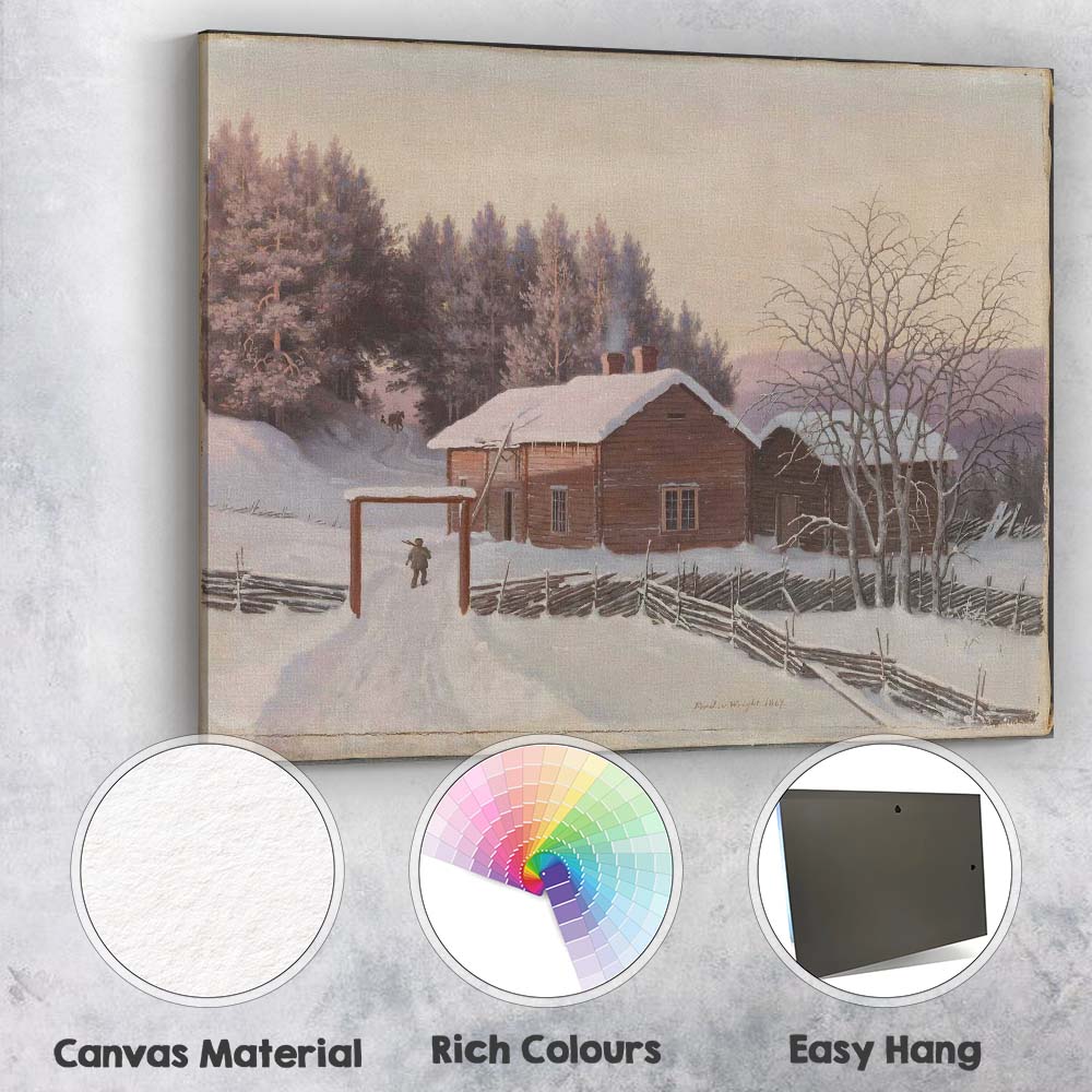 Snow Covered Log Cabin Rural Winter Homestead Painting Canvas Wall Art Print Decor Picture Ready to Hang