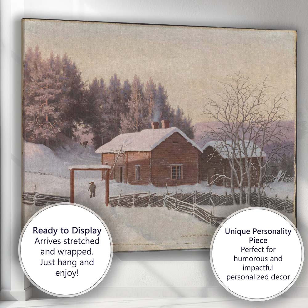 Snow Covered Log Cabin Rural Winter Homestead Painting Canvas Wall Art Print Decor Picture Ready to Hang