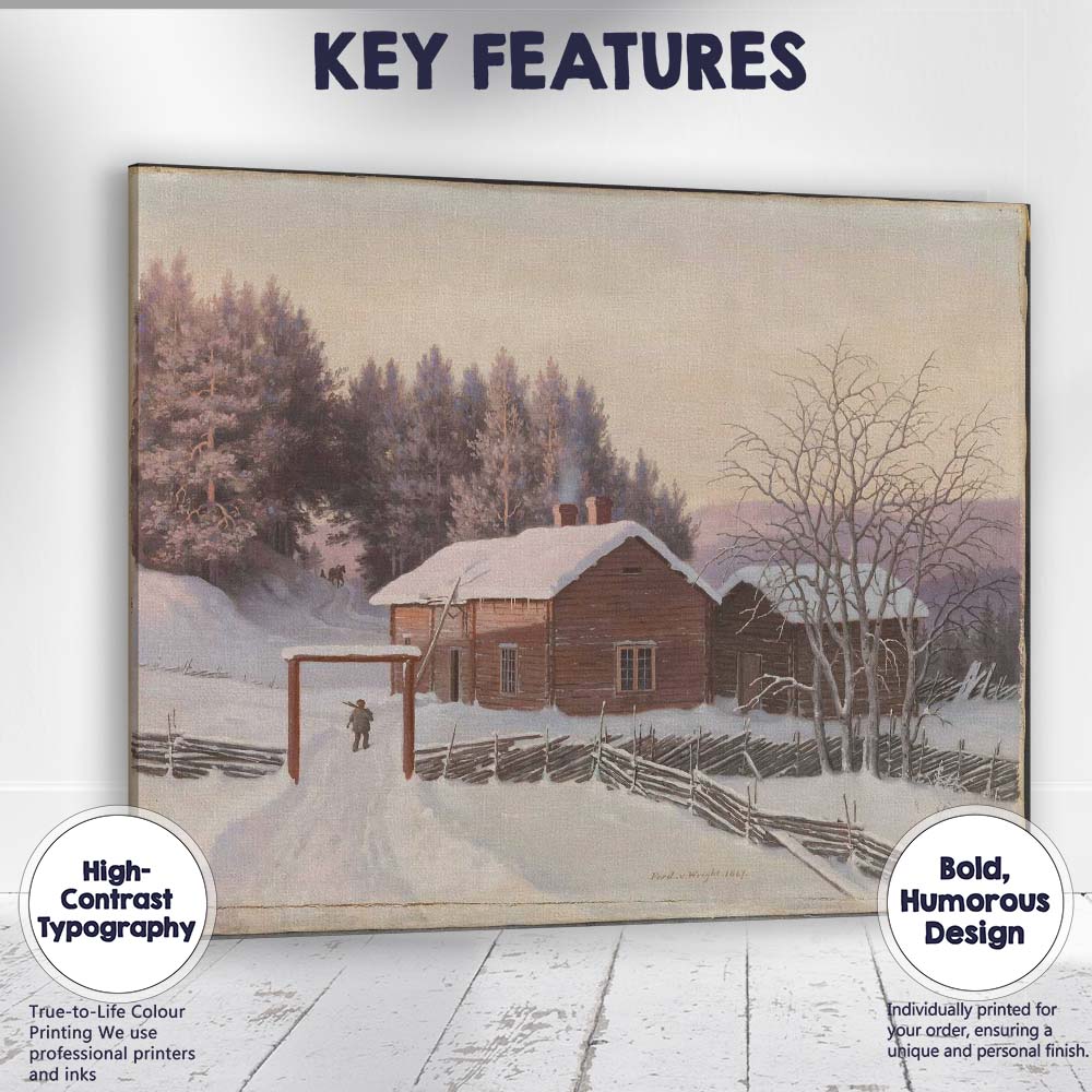 Snow Covered Log Cabin Rural Winter Homestead Painting Canvas Wall Art Print Decor Picture Ready to Hang