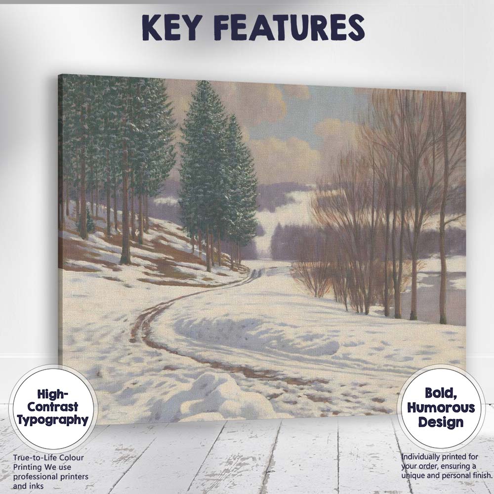 Snow Covered Country Road Pine Forest Winter Landscape Painting Canvas Wall Art Print Decor Picture Ready to Hang