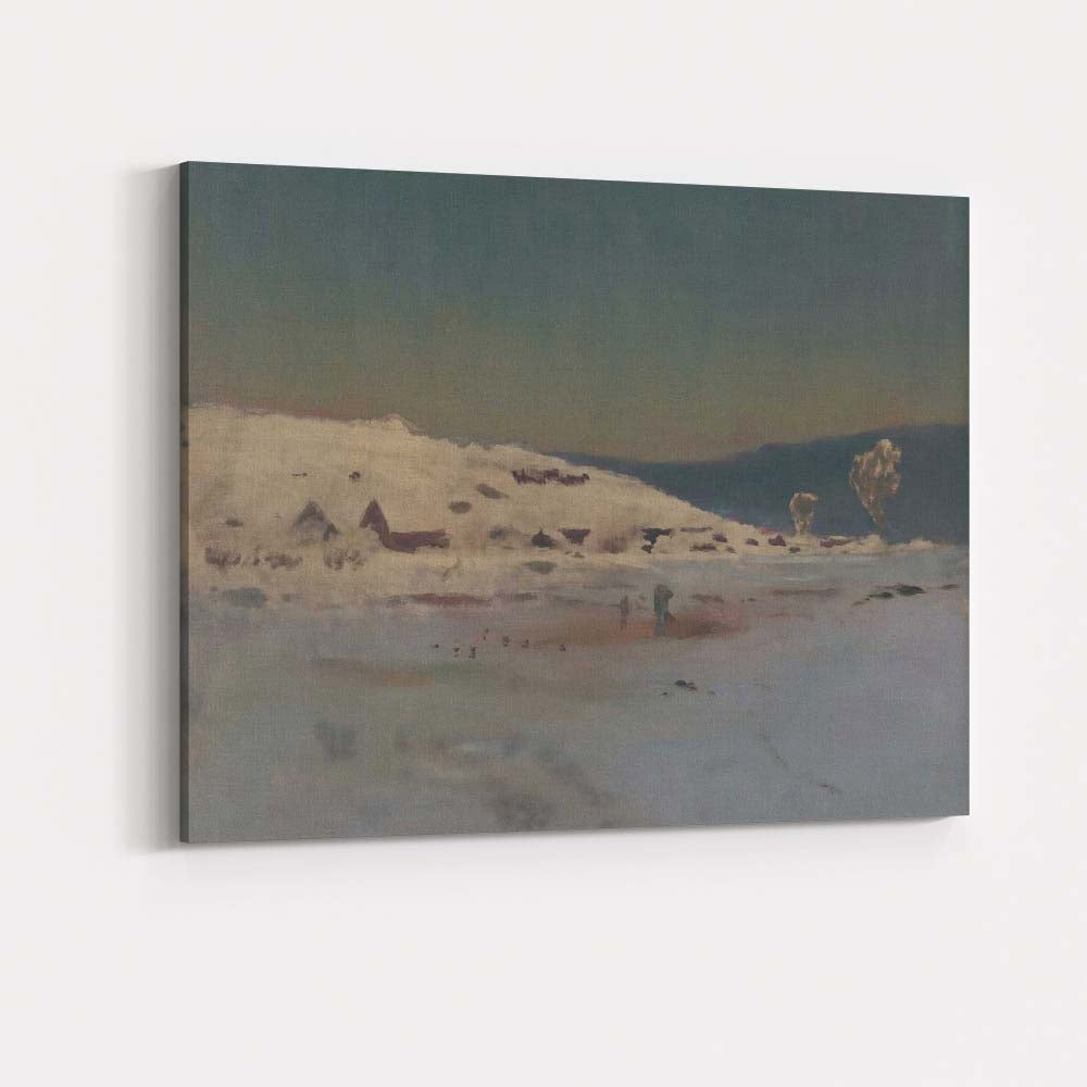Minimalist Winter Village Frozen Lake Twilight Landscape Painting Canvas Wall Art Print Decor Picture Ready to Hang