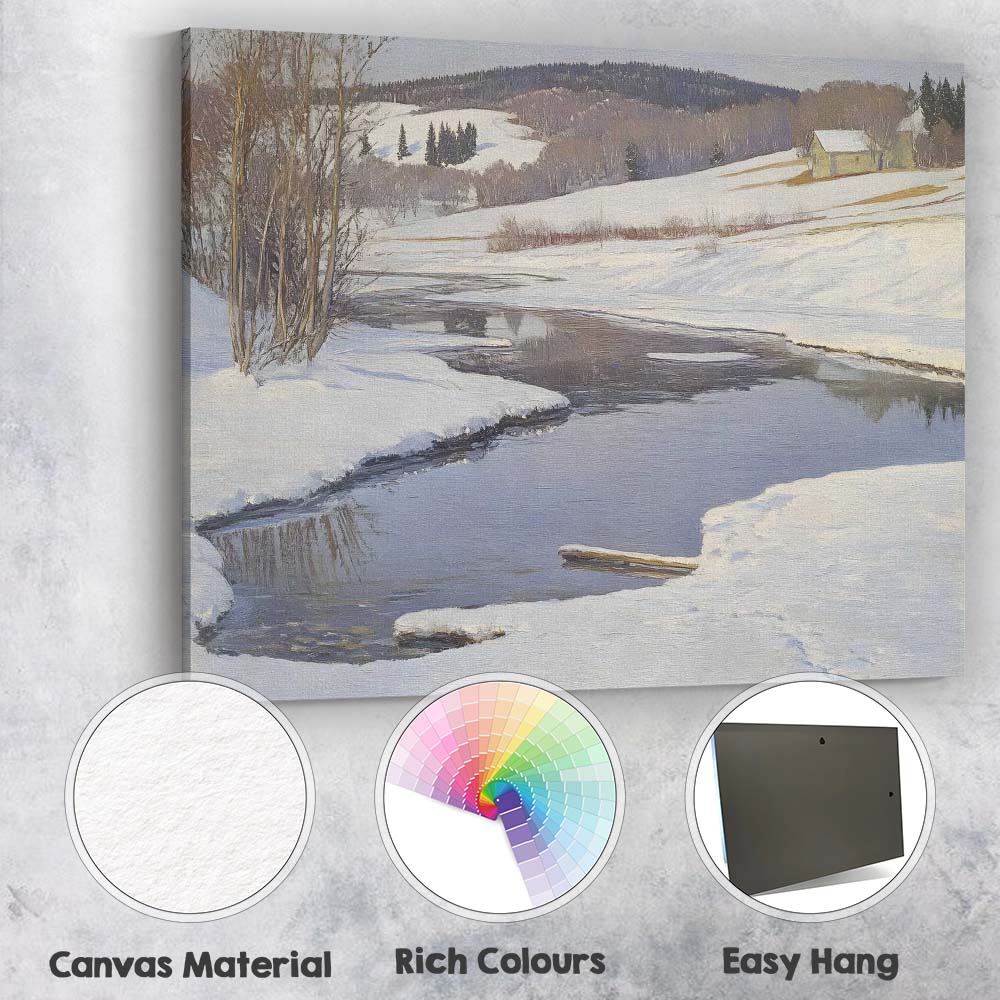 Peaceful Snow Covered River Bend Countryside Winter Landscape Painting Canvas Wall Art Print Decor Picture Ready to Hang