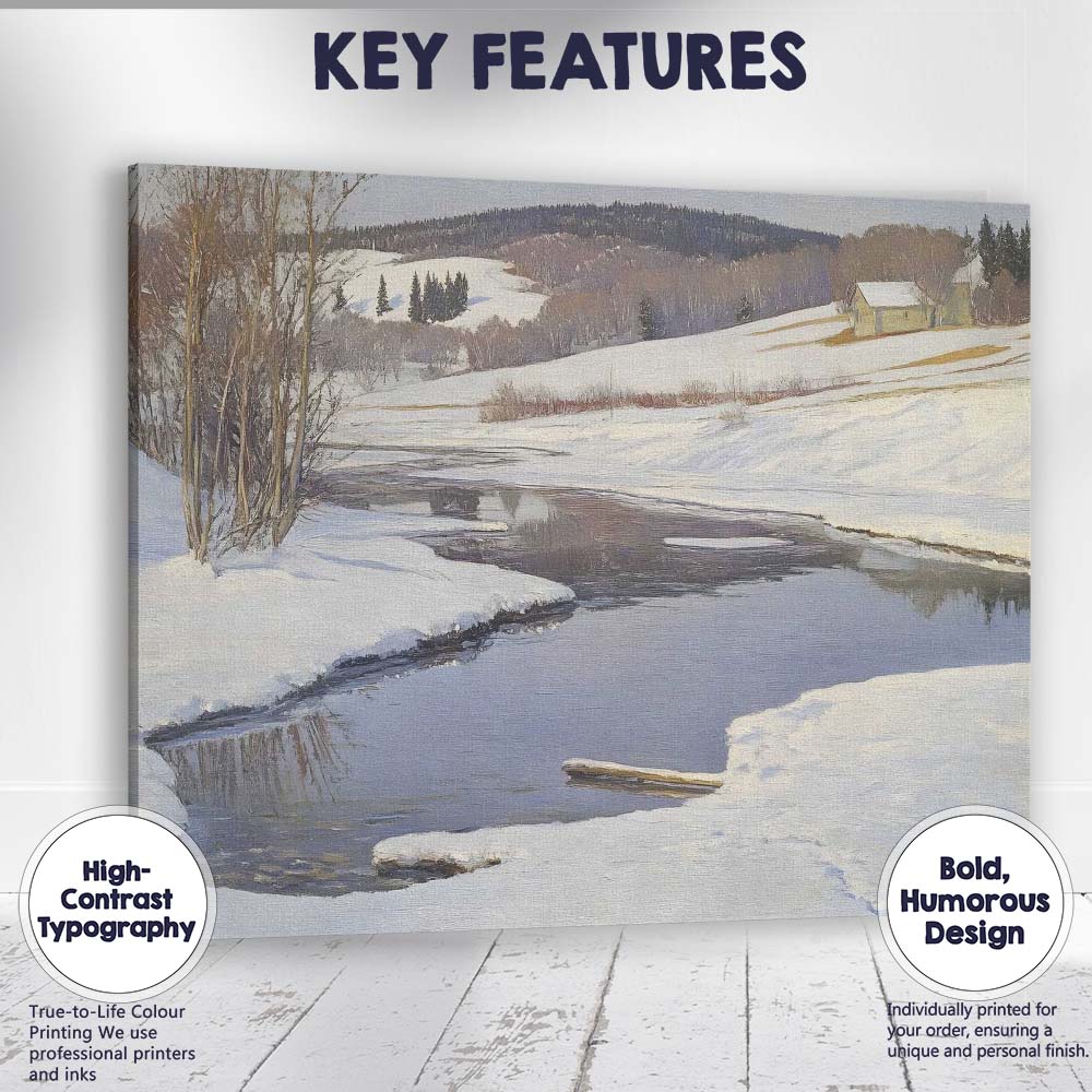 Peaceful Snow Covered River Bend Countryside Winter Landscape Painting Canvas Wall Art Print Decor Picture Ready to Hang