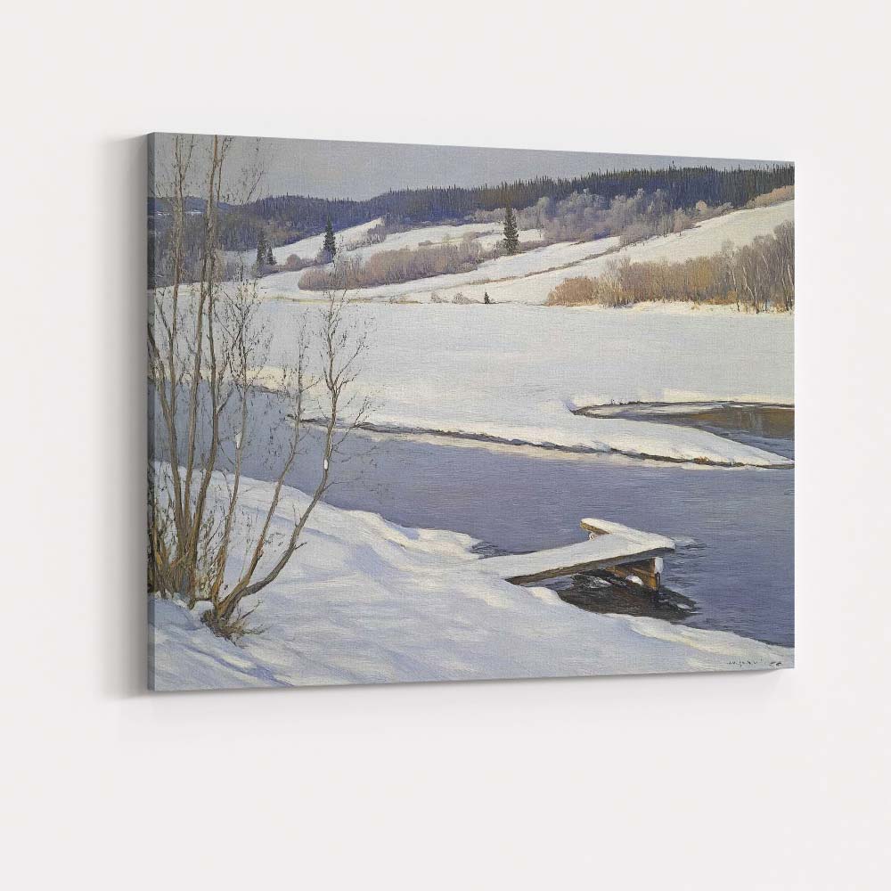 Peaceful Frozen Riverside Snow Covered Hills Winter Landscape Canvas Wall Art Print Decor Picture Ready to Hang