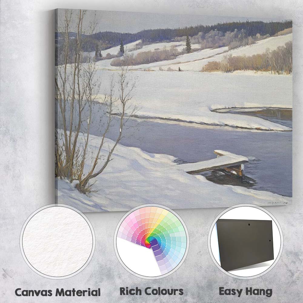 Peaceful Frozen Riverside Snow Covered Hills Winter Landscape Canvas Wall Art Print Decor Picture Ready to Hang