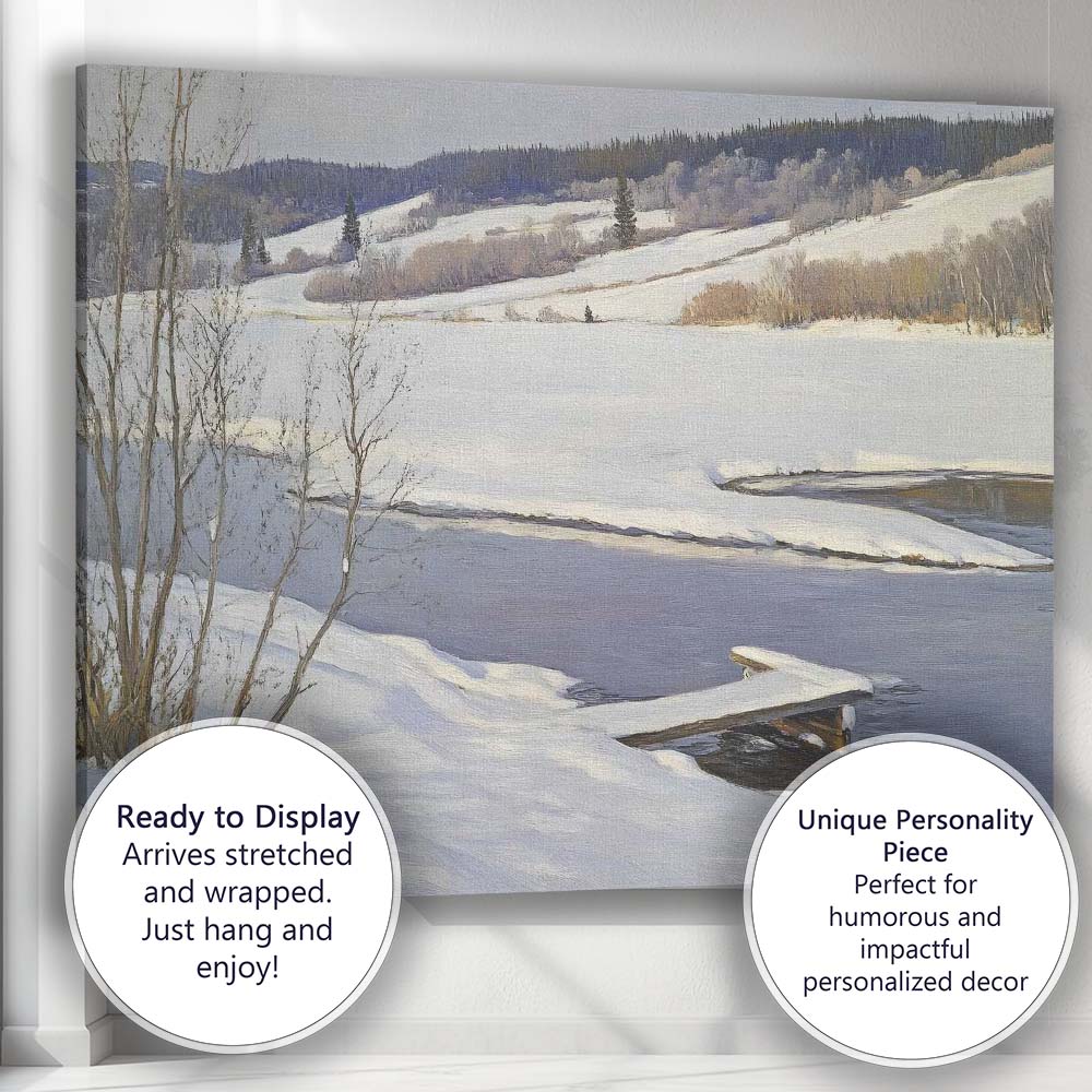 Peaceful Frozen Riverside Snow Covered Hills Winter Landscape Canvas Wall Art Print Decor Picture Ready to Hang