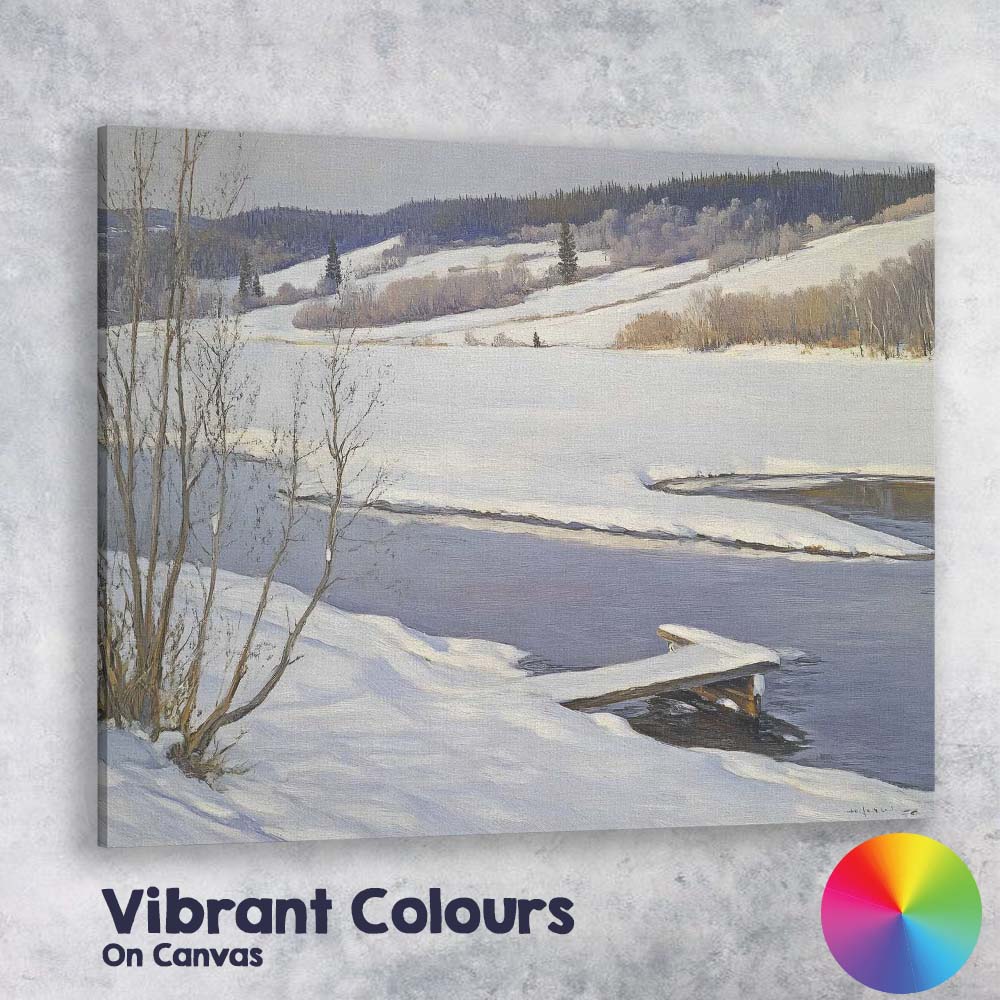 Serene Frozen Lakeside Jetty Snowy Valley Winter Landscape Canvas Wall Art Print Decor Picture Ready to Hang