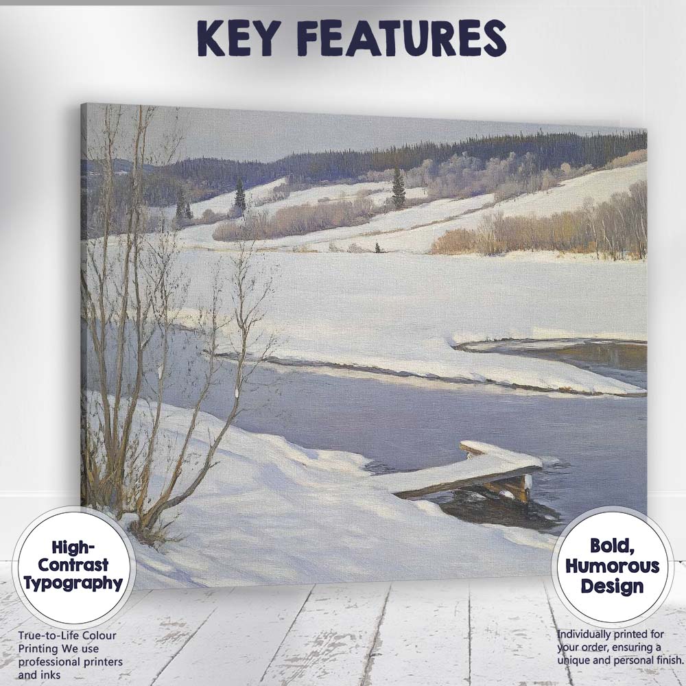 Serene Frozen Lakeside Jetty Snowy Valley Winter Landscape Canvas Wall Art Print Decor Picture Ready to Hang