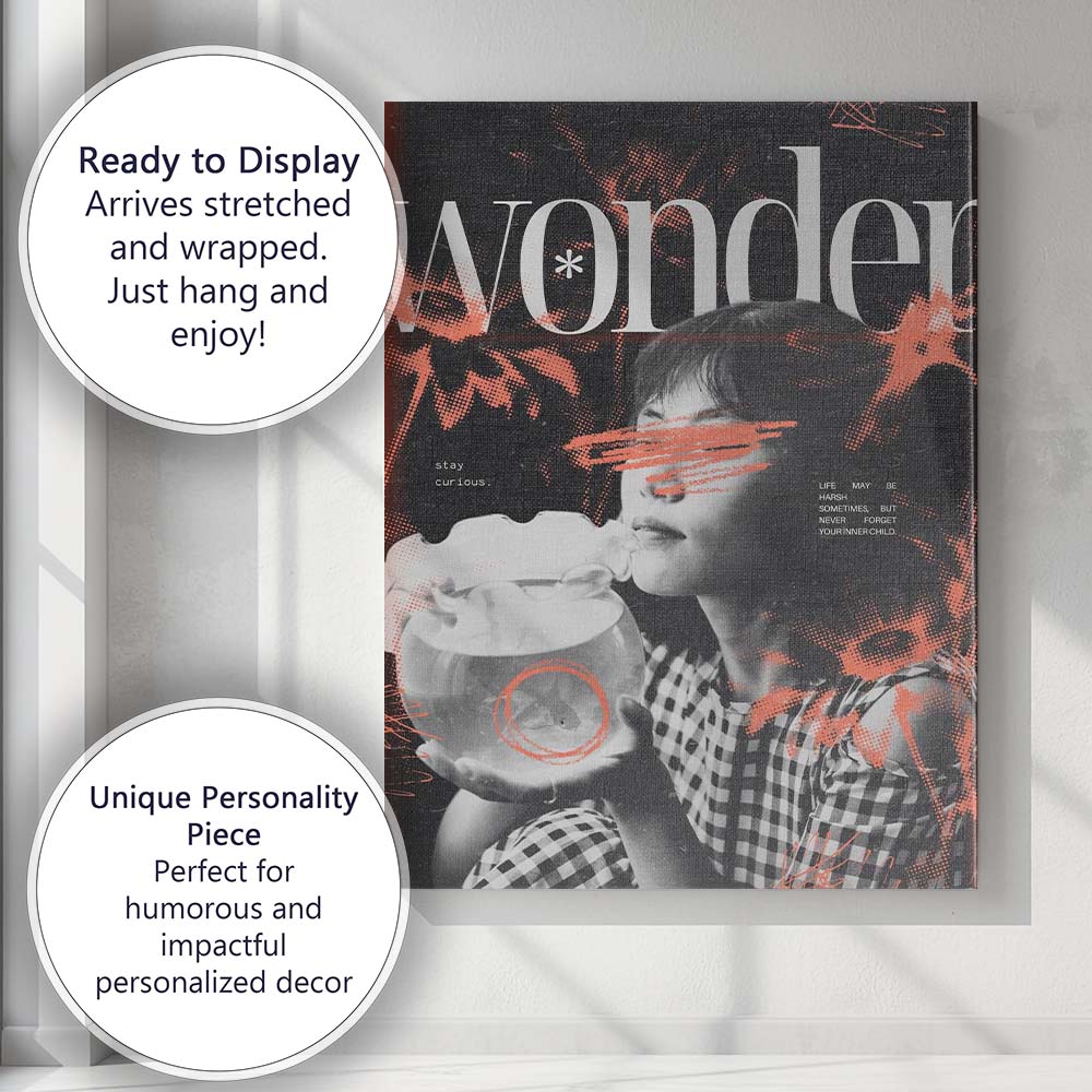 Monochrome Grunge Typography Portrait With Goldfish Bowl Contemporary Collage Canvas Wall Art Print Decor Picture Ready to Hang