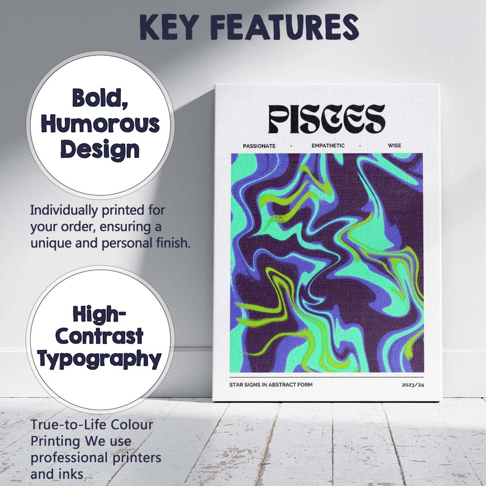 Pisces Zodiac Neon Blue Green Abstract Marble Swirl Canvas Wall Art Print Decor Picture Ready to Hang