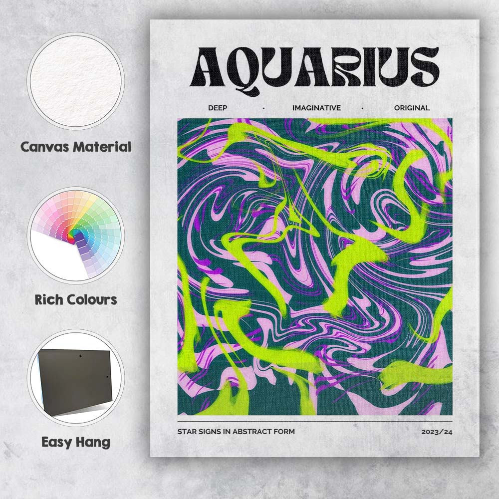 Aquarius Zodiac Neon Green Purple Abstract Marble Swirl Canvas Wall Art Print Decor Picture Ready to Hang
