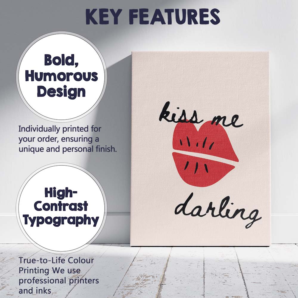 Minimalist Kiss Me Darling Red Lips Romantic Quote Canvas Wall Art Print Decor Picture Ready to Hang
