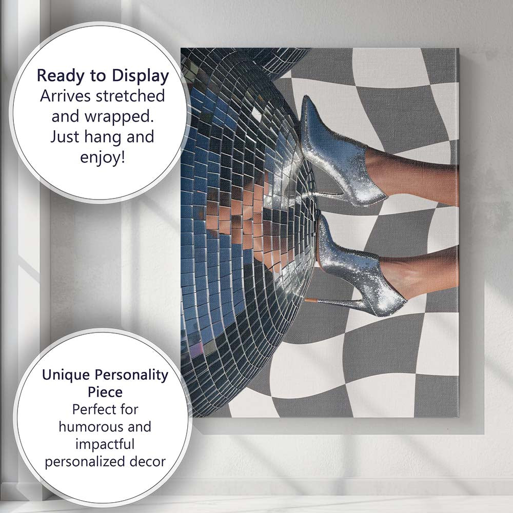 Silver Glitter Ankle Boots Disco Ball Fashion Photography Canvas Wall Art Print Decor Picture Ready to Hang