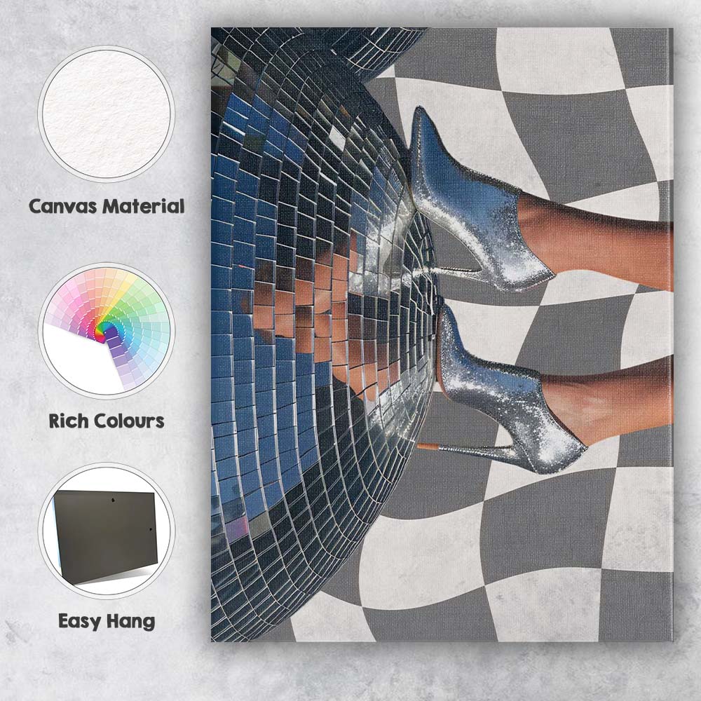 Silver Glitter Ankle Boots Disco Ball Fashion Photography Canvas Wall Art Print Decor Picture Ready to Hang