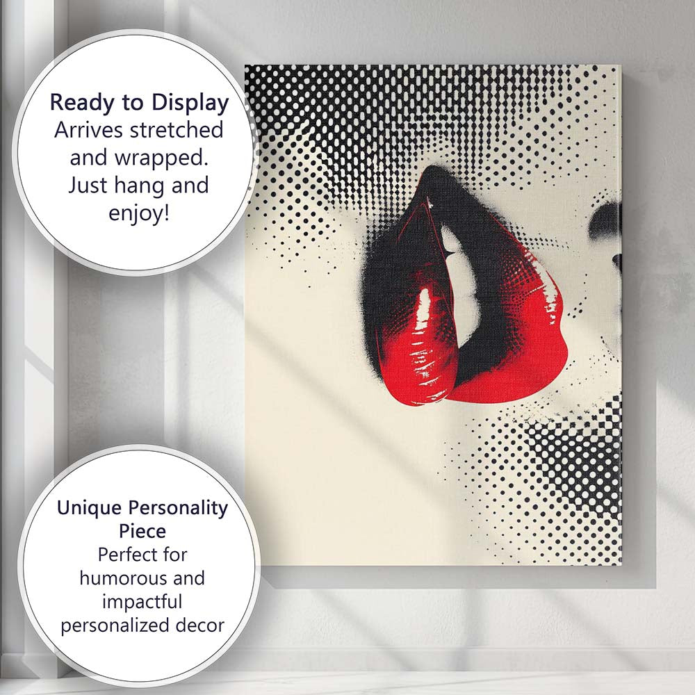 Pop Art Red Glossy Lips Halftone Fashion Portrait Canvas Wall Art Print Decor Picture Ready to Hang