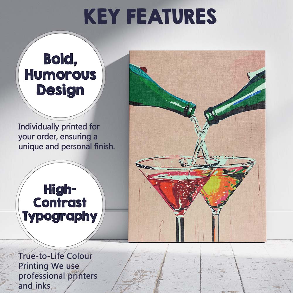 Contemporary Colourful Cocktail Pouring Martini Glasses Illustration Canvas Wall Art Print Decor Picture Ready to Hang