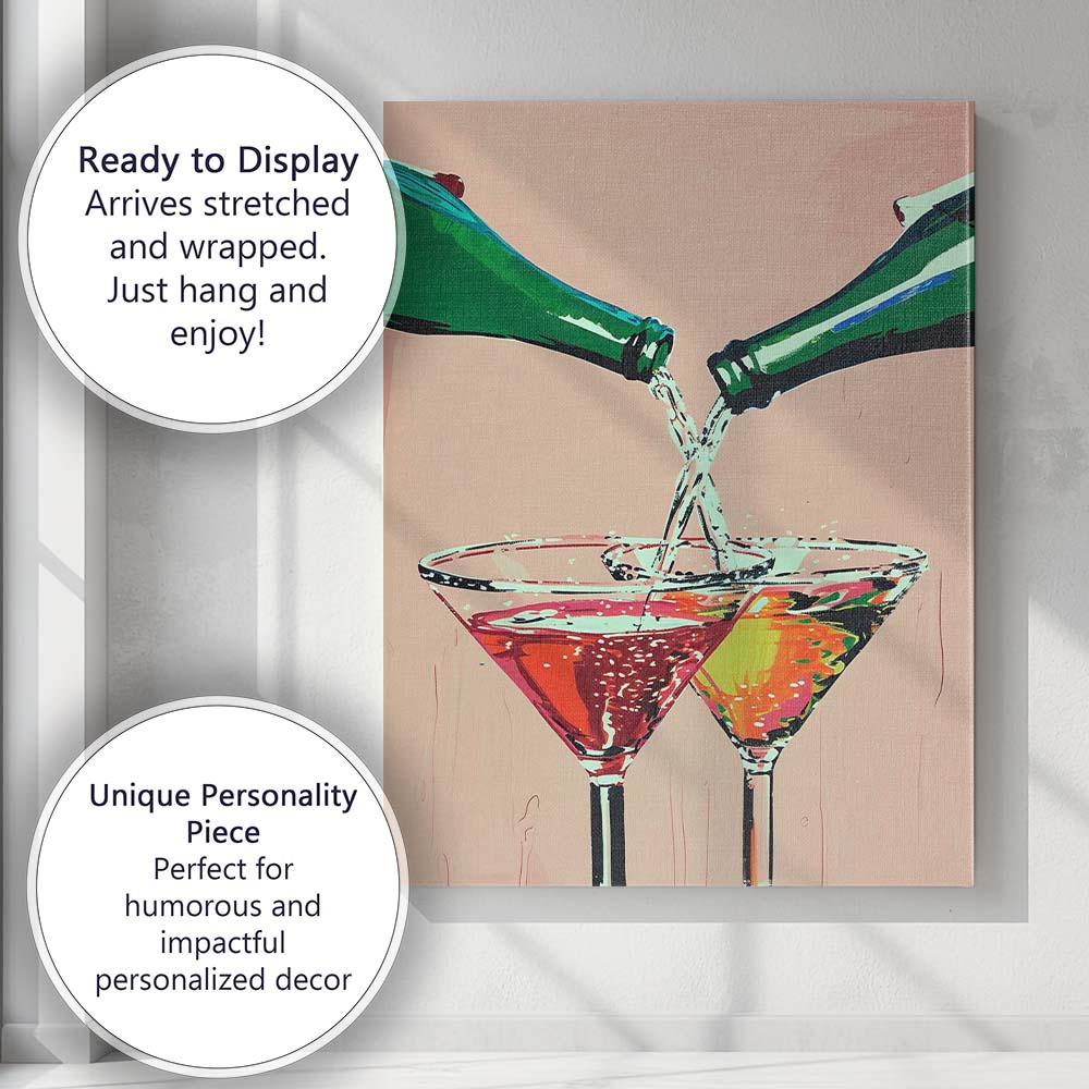 Contemporary Colourful Cocktail Pouring Martini Glasses Illustration Canvas Wall Art Print Decor Picture Ready to Hang