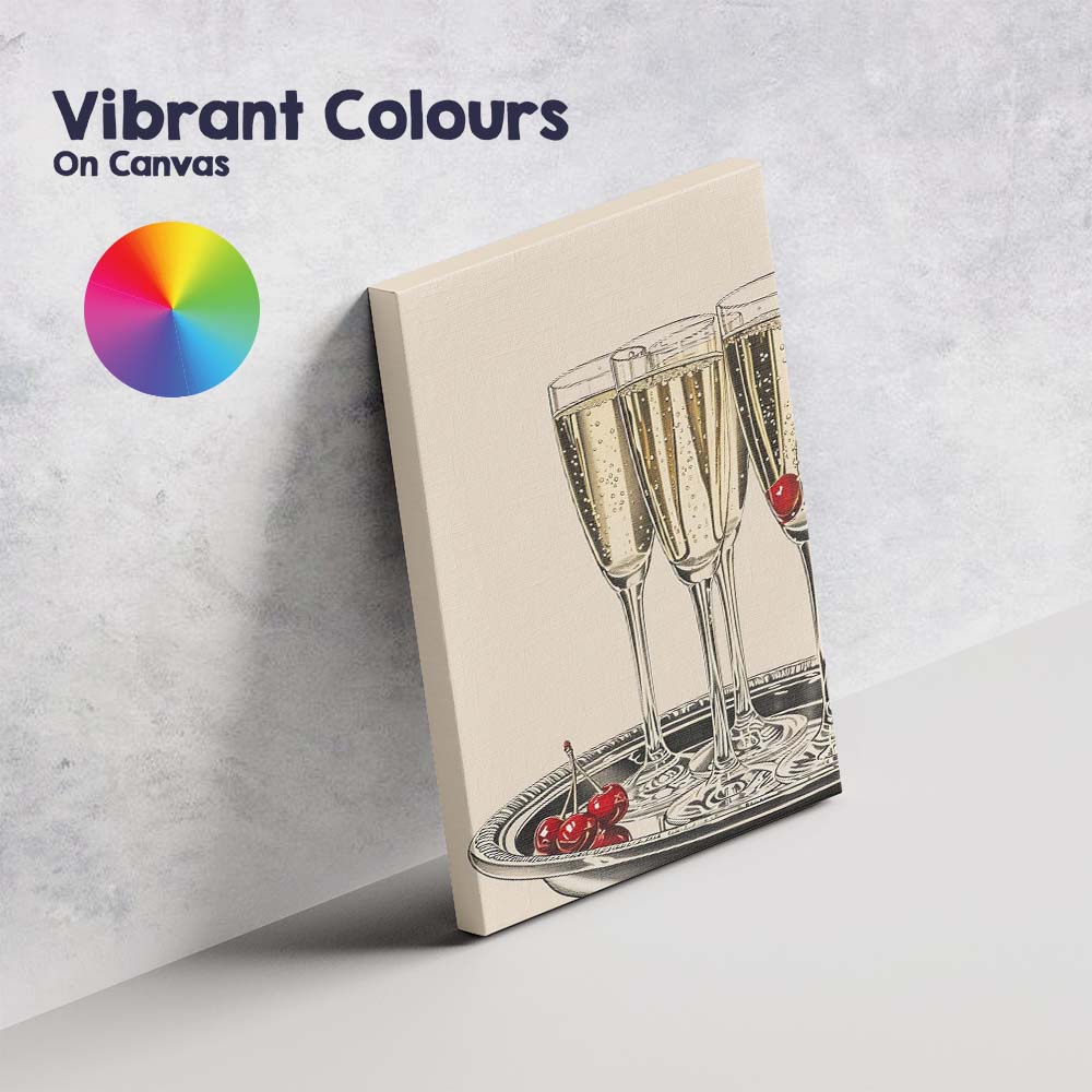 Elegant Champagne Flutes With Red Cherries Still Life Canvas Wall Art Print Decor Picture Ready to Hang