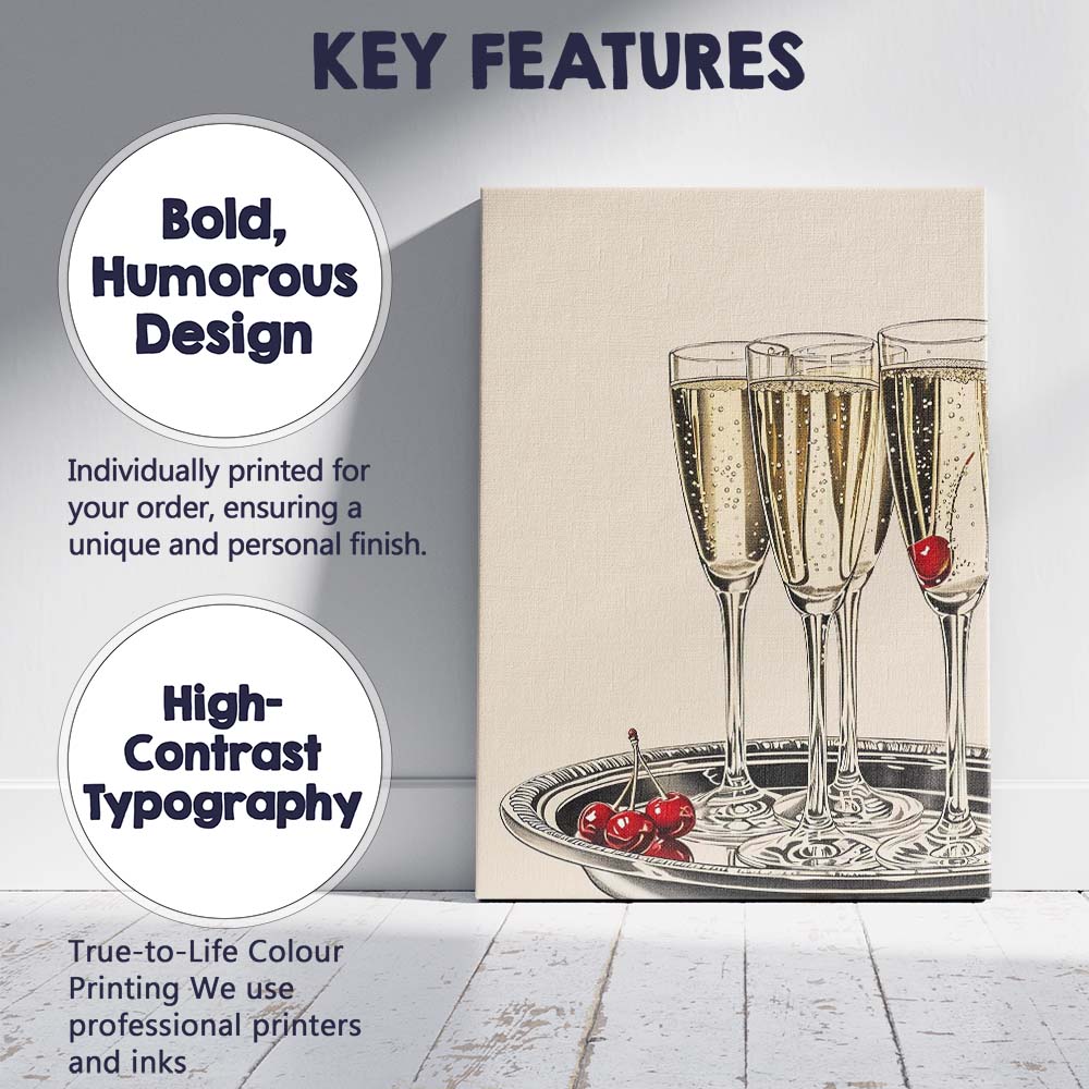 Elegant Champagne Flutes With Red Cherries Still Life Canvas Wall Art Print Decor Picture Ready to Hang