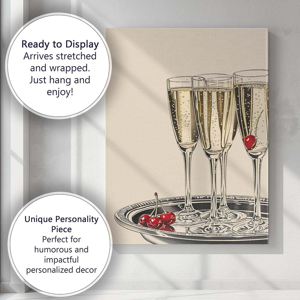 Elegant Champagne Flutes With Red Cherries Still Life Canvas Wall Art Print Decor Picture Ready to Hang
